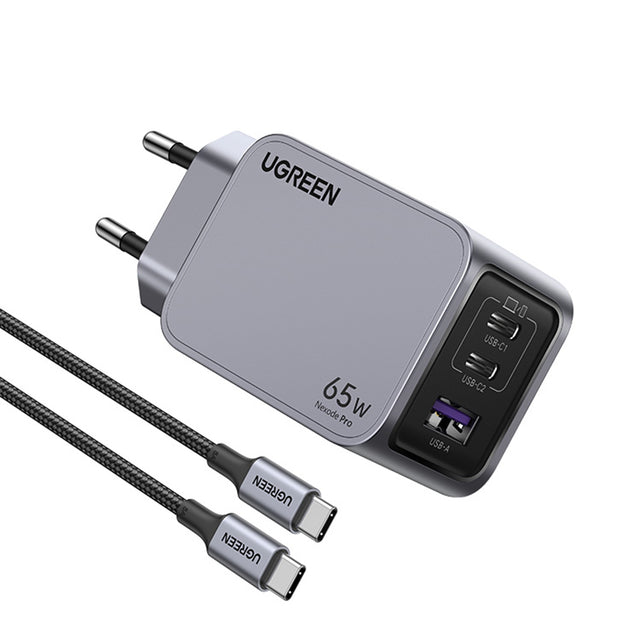 Incarcator Ugreen Nexode Pro X755 (25871), GaN, Fast Charging, USB, 2x Type-C, 65W, 3A, PD3.0, QC4.0, with Cable, Gri