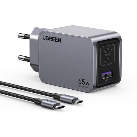 Incarcator Ugreen Nexode Pro X755 (25871), GaN, Fast Charging, USB, 2x Type-C, 65W, 3A, PD3.0, QC4.0, with Cable, Gri