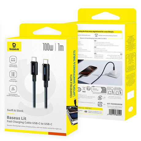 Cablu Baseus Lit (P10379000121-01), for iPhone, Laptop, Type-C, 100W, Dynamic Light, E-marker Chip, 2m, Negru Cosmic
