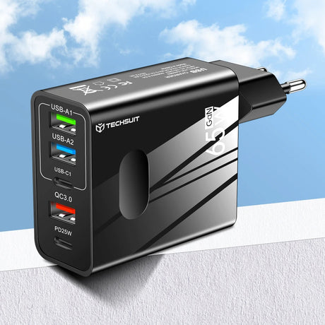 Incarcator Techsuit Premium PentaXPower (CHC1), Type-C Cable Included, 3x USB, 2x Type-C PD 25W, 65W, GaN, 1m, Negru