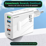 Incarcator Techsuit Premium PentaXPower (CHC1), Type-C Cable Included, 3x USB, 2x Type-C PD 25W, 65W, GaN, 1m, Negru