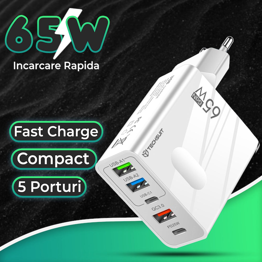 Incarcator Techsuit Premium PentaXPower (CHC1), Type-C Cable Included, 3x USB, 2x Type-C PD 25W, 65W, GaN, 1m, Negru