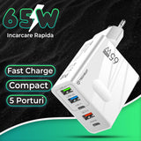Incarcator Techsuit Premium PentaXPower (CHC1), Type-C Cable Included, 3x USB, 2x Type-C PD 25W, 65W, GaN, 1m, Alb