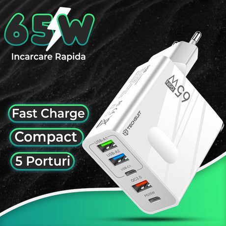 Incarcator Techsuit Premium PentaXPower (CHC1), Type-C Cable Included, 3x USB, 2x Type-C PD 25W, 65W, GaN, 1m, Alb