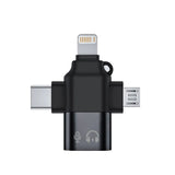 Adaptor Techsuit Premium OTG Adapter SoundVoltX (A17), 4in1, USB to Micro-USB + Type-C + Lightning, Plug and Play, Negru