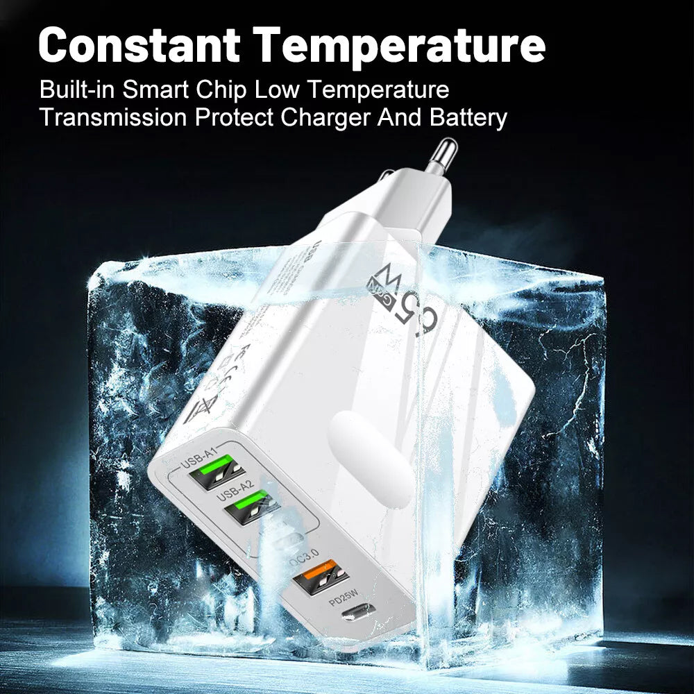 Incarcator Techsuit Premium PentaXPower (CHC1), 3x USB, 2x Type-C PD 25W, 65W, GaN, Fast Charge, Alb