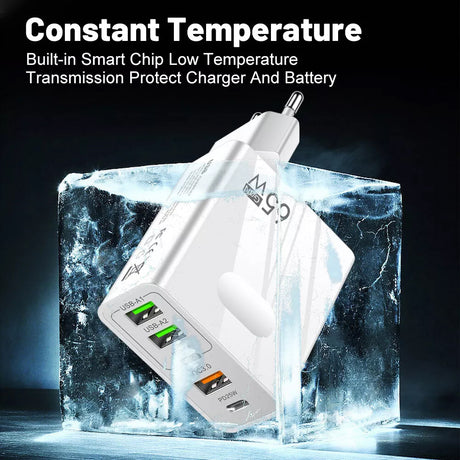 Incarcator Techsuit Premium PentaXPower (CHC1), 3x USB, 2x Type-C PD 25W, 65W, GaN, Fast Charge, Alb