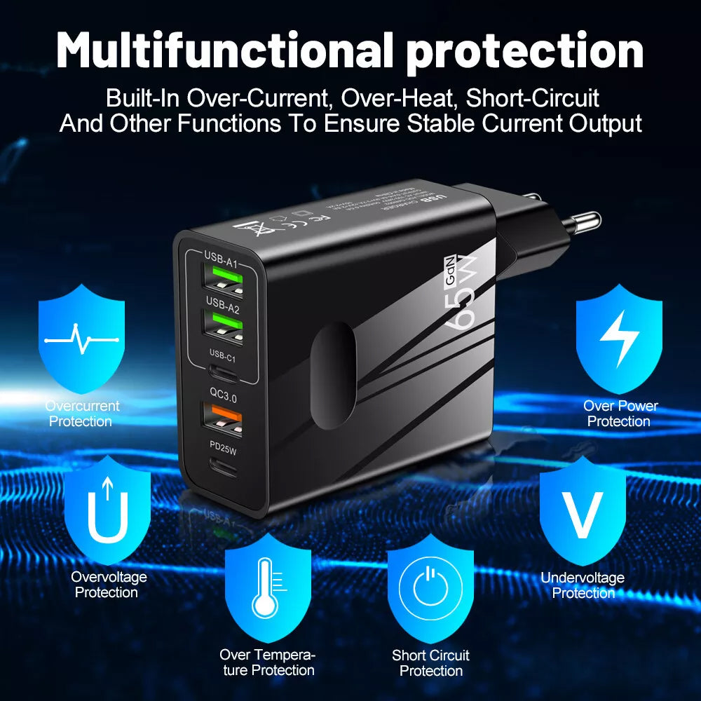 Incarcator Techsuit Premium PentaXPower (CHC1), 3x USB, 2x Type-C PD 25W, 65W, GaN, Fast Charge, Negru