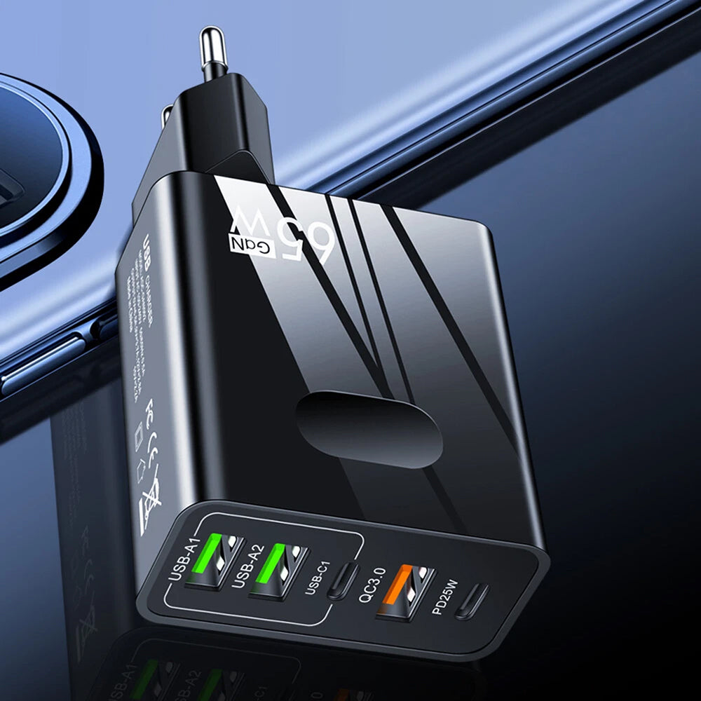 Incarcator Techsuit Premium PentaXPower (CHC1), 3x USB, 2x Type-C PD 25W, 65W, GaN, Fast Charge, Negru