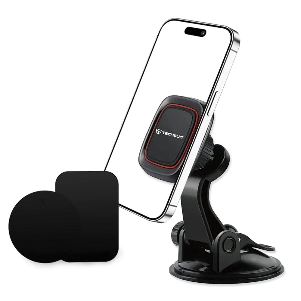 Suport Techsuit MagGrip (S6), for Dashboard, Magnetic Grip, 360° Rotation, Suction Cup, 2 Metal Plates, Negru /Red