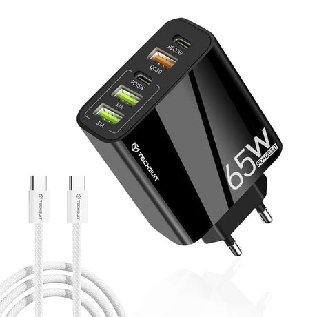Incarcator Techsuit Premium PentaXPower (CHC2), Type-C Cable Included, 3x USB QC 3.0, 2x Type-C PD 20W, 65W, 1m, Negru