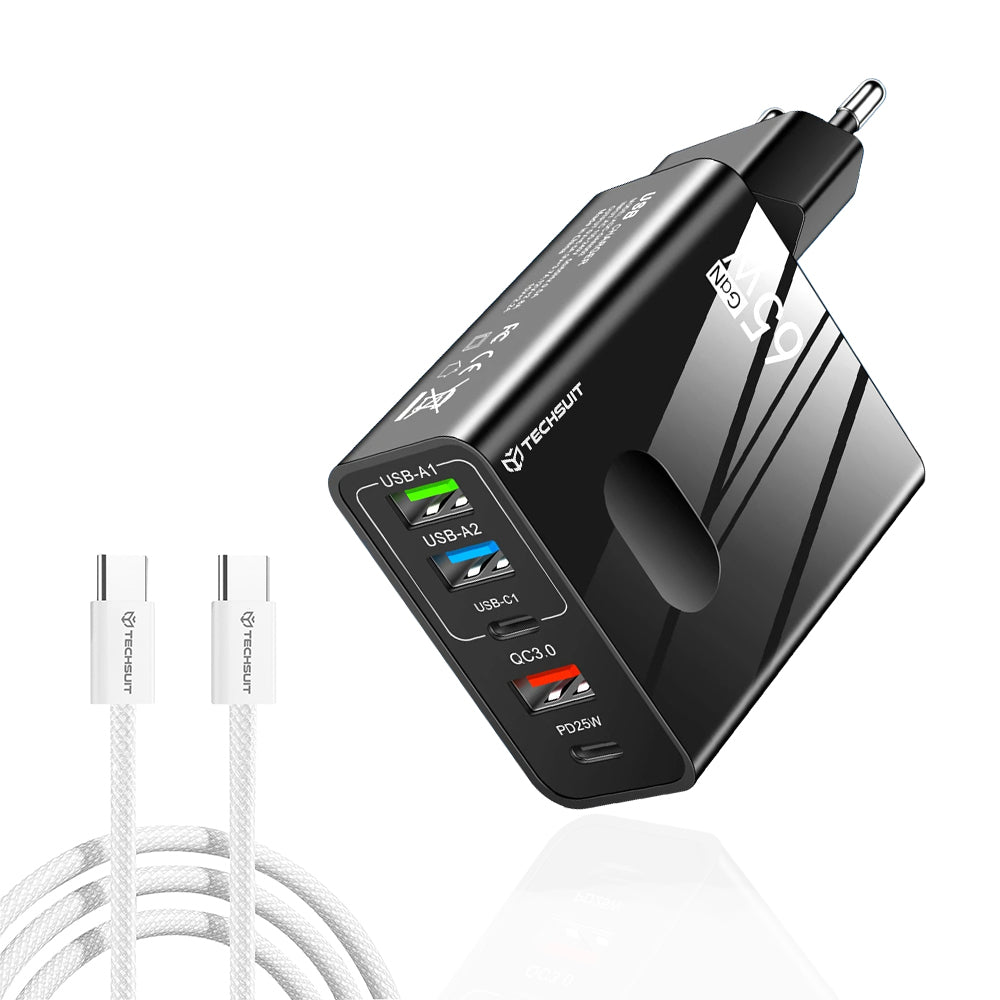 Incarcator Techsuit Premium PentaXPower (CHC1), Type-C Cable Included, 3x USB, 2x Type-C PD 25W, 65W, GaN, 1m, Negru