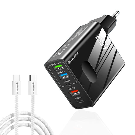 Incarcator Techsuit Premium PentaXPower (CHC1), Type-C Cable Included, 3x USB, 2x Type-C PD 25W, 65W, GaN, 1m, Negru