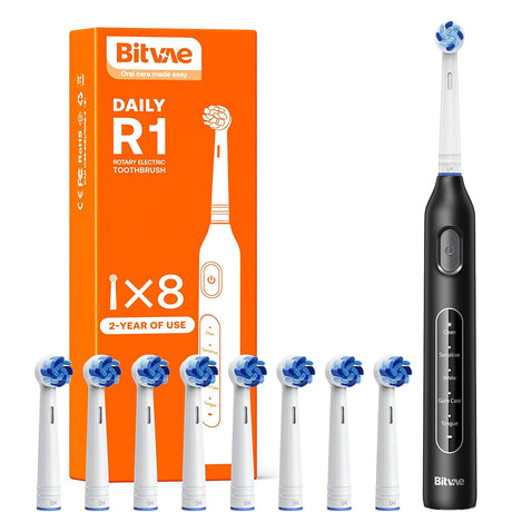 Bitvae Electric Toothbrush (BVR1), Soft, with 8 Heads, Smart Timer, Clean/Sensitive/White/Gum Care/Tongue Modes, Negru