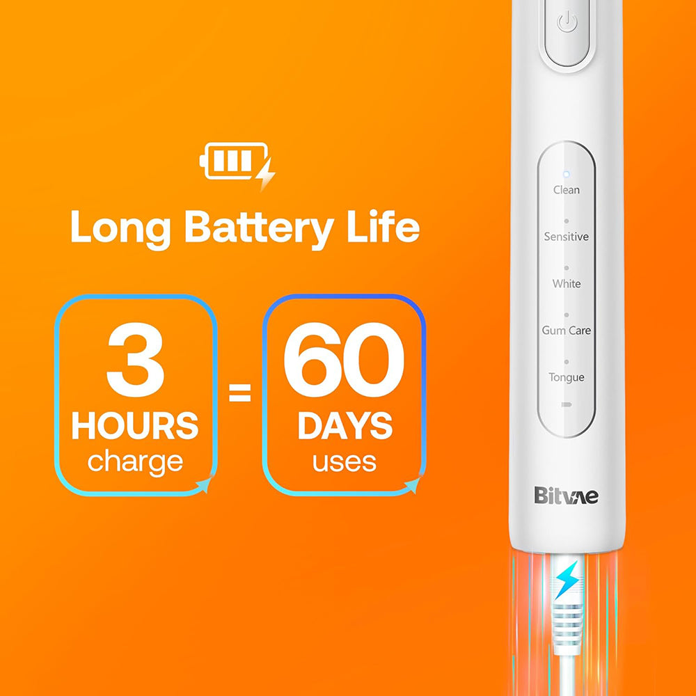 Bitvae Electric Toothbrush (BVR1), Soft, with 8 Heads, Smart Timer, Clean/Sensitive/White/Gum Care/Tongue Modes, Alb