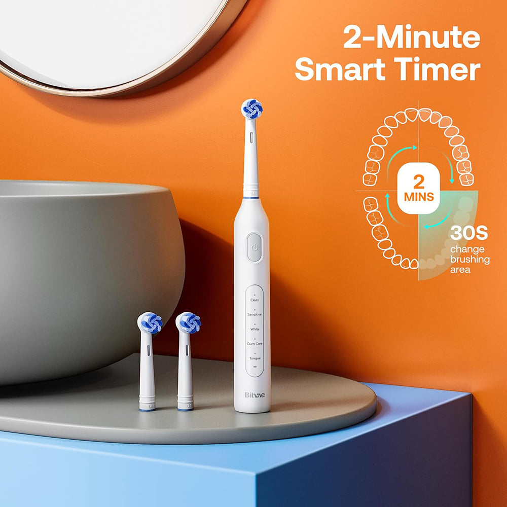 Bitvae Electric Toothbrush (BVR1), Soft, with 8 Heads, Smart Timer, Clean/Sensitive/White/Gum Care/Tongue Modes, Alb