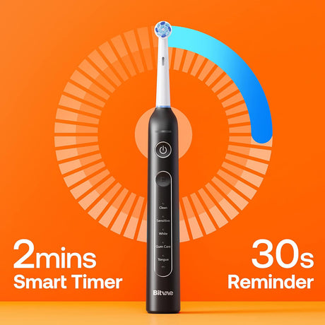 Bitvae Electric Toothbrush (BVR2), with 8 Heads, Smart Timer, Pressure Sensor, Travel Case, 5 Modes, Rechargeable, Negru