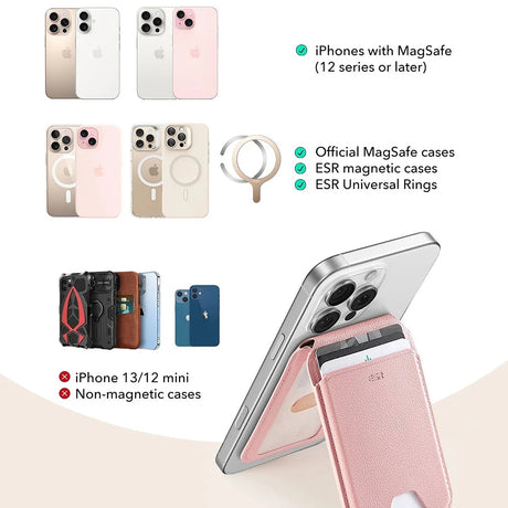 Suport ESR MagSafe HaloLock, Vegan Leather Aura Wallet, Steel Plate, Magnet, PC, with 3 Individual Card Slots, Roz