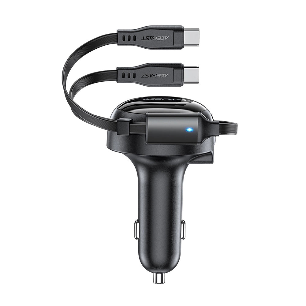 Incarcator Acefast Car (B13), with Retractable Cable, USB, 2x Type-C, 53W, 70 + 15cm, Negru