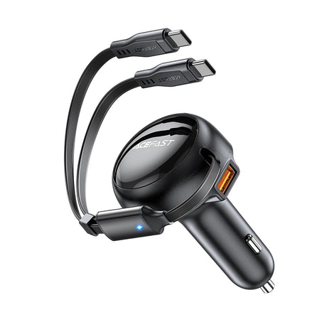 Incarcator Acefast Car (B13), with Retractable Cable, USB, 2x Type-C, 53W, 70 + 15cm, Negru