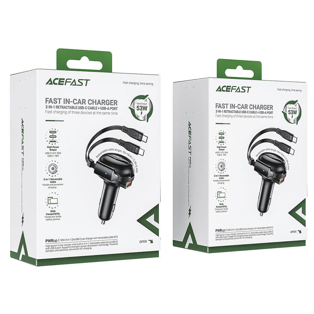 Incarcator Acefast Car (B13), with Retractable Cable, USB, 2x Type-C, 53W, 70 + 15cm, Negru
