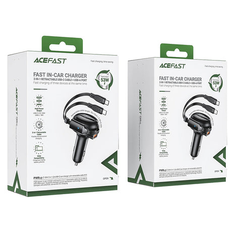 Incarcator Acefast Car (B13), with Retractable Cable, USB, 2x Type-C, 53W, 70 + 15cm, Negru