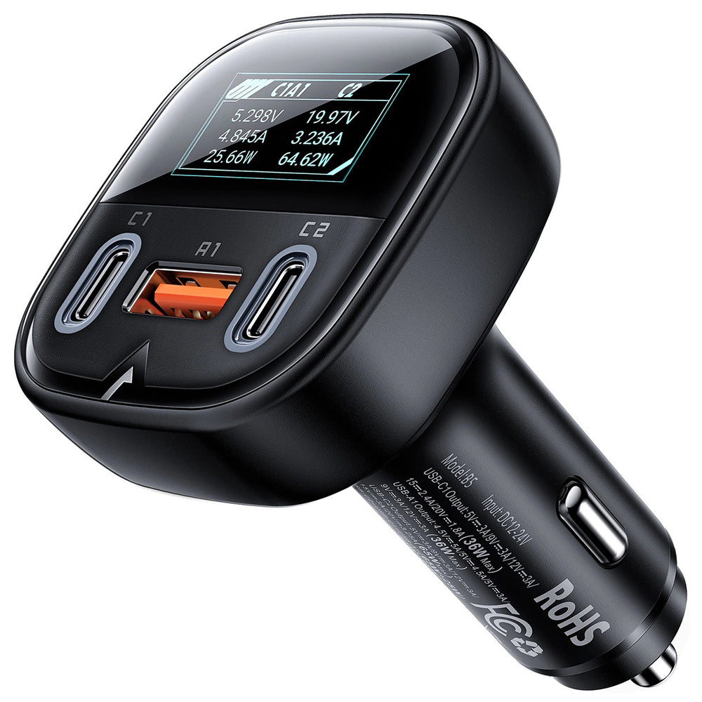 Incarcator Acefast Car (B5), Fast Charging, OLED Digital Display, 2x Type-C, USB, 101W, Zinc Alloy, Negru