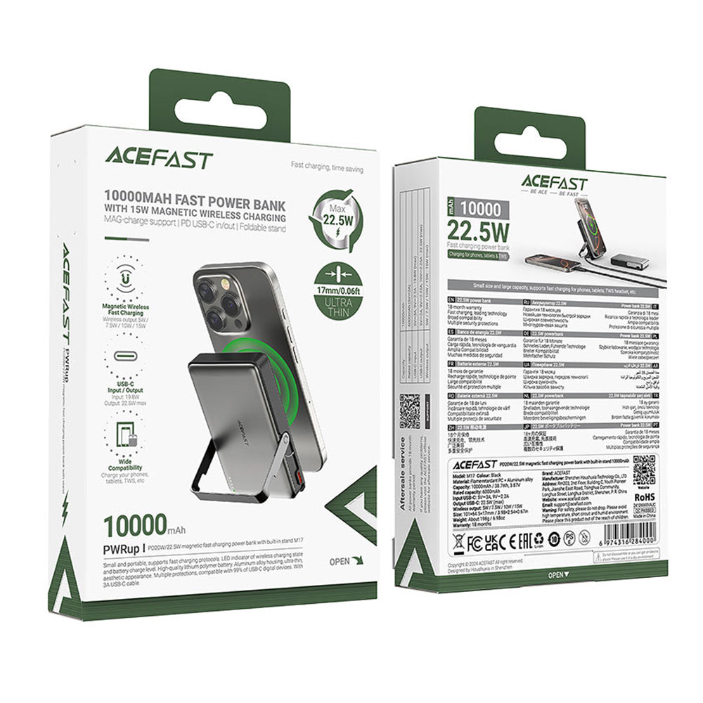 Baterie externa Acefast Magnetic Wireless (M17-10000), Foldable Stand, USB-C Port, 10000mAh, 22.5W, LED Indicator, Negru
