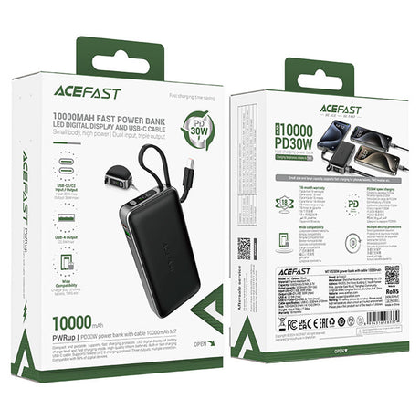 Baterie externa Acefast (M7-10000), with Type-C Cable, USB-C, USB, 10000mAh, 30W, Digital Display, Dirt-resistant, Negru