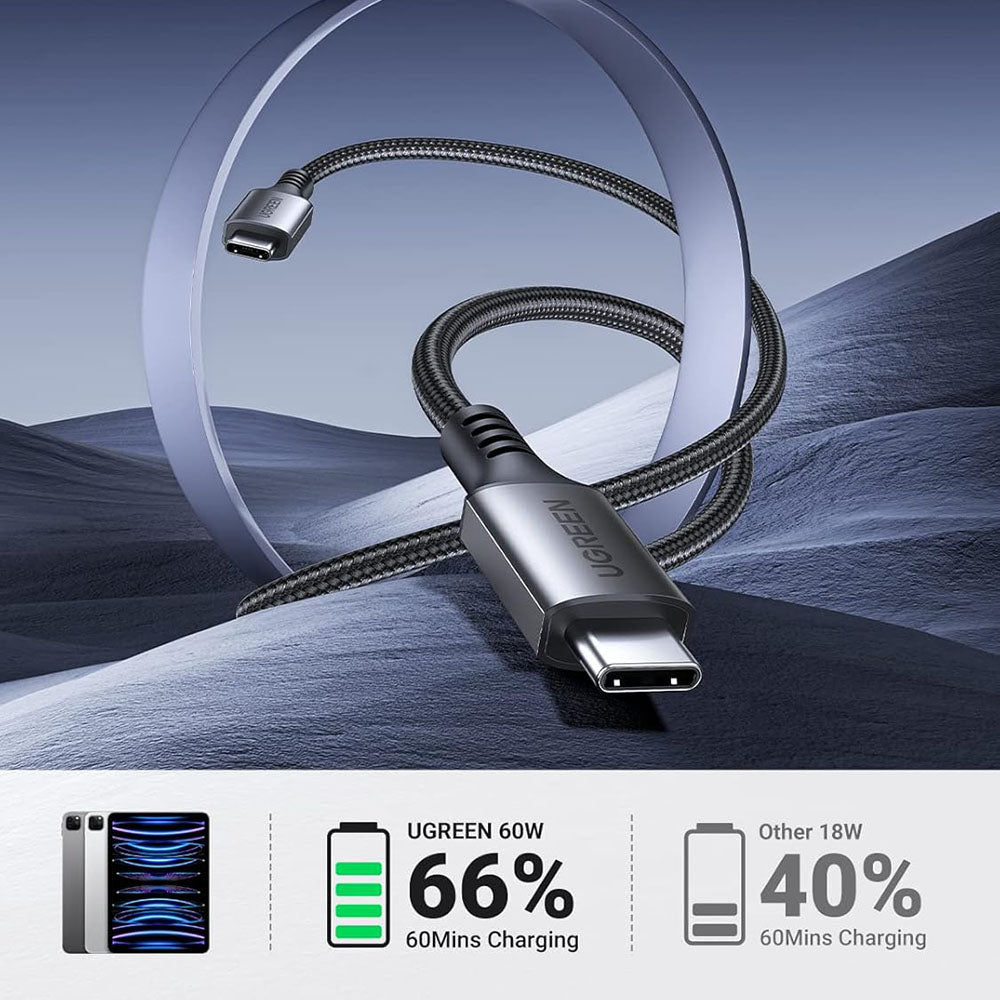 Cablu Ugreen US567 (15373), USB-C to USB-C, 3A, 60W, 1m, Nylon, Negru Gray