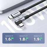 Cablu Ugreen US334 (70643), USB-C to USB-C 90 Degree Cable, Fast Charging 5A, 100W, 1m, Nylon, Gri Spatial