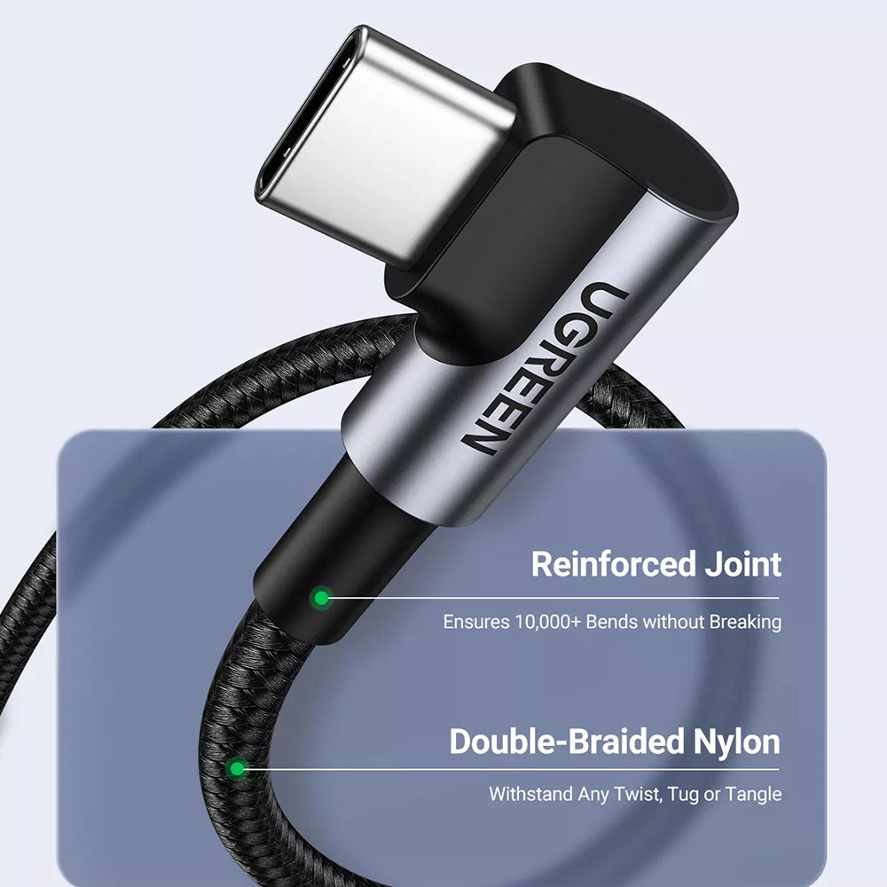 Cablu Ugreen US334 (70643), USB-C to USB-C 90 Degree Cable, Fast Charging 5A, 100W, 1m, Nylon, Gri Spatial