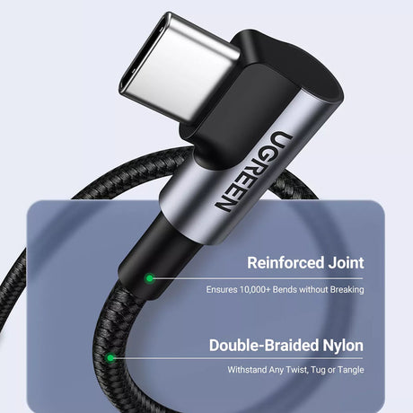 Cablu Ugreen US334 (70643), USB-C to USB-C 90 Degree Cable, Fast Charging 5A, 100W, 1m, Nylon, Gri Spatial