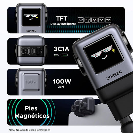 Incarcator Ugreen Uno RG X688 (45515B), with TFT Display, GaN, Super Fast Charging, USB, 3x Type-C, QC, 100W, 3A, Gri
