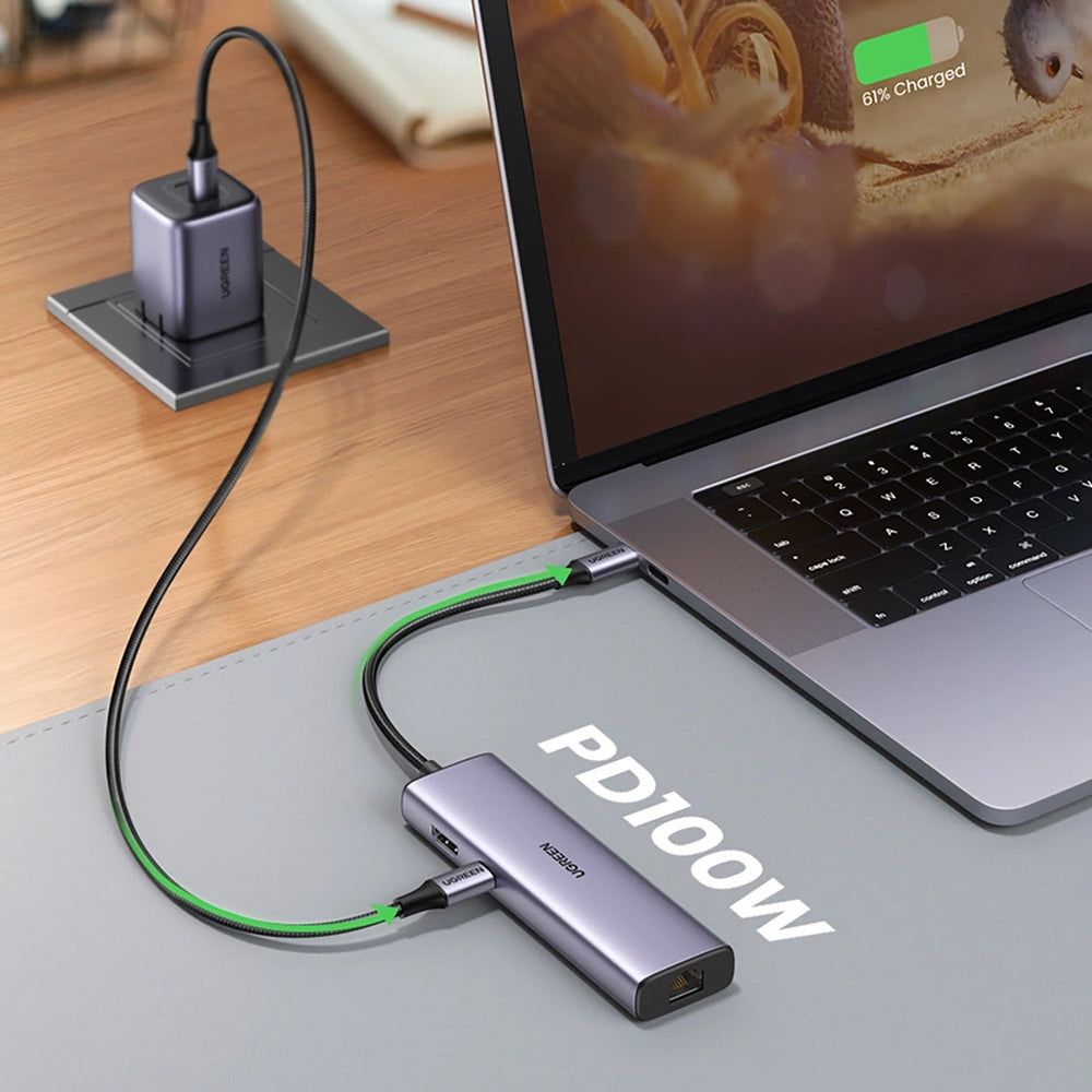 Hub/Dock Ugreen Docking Station CM512 (90568), Type-C to Type-C, 2x USB, HDMI 4K@30Hz, RJ45, SD/TF Card, 5Gbps, PD100W, Gri