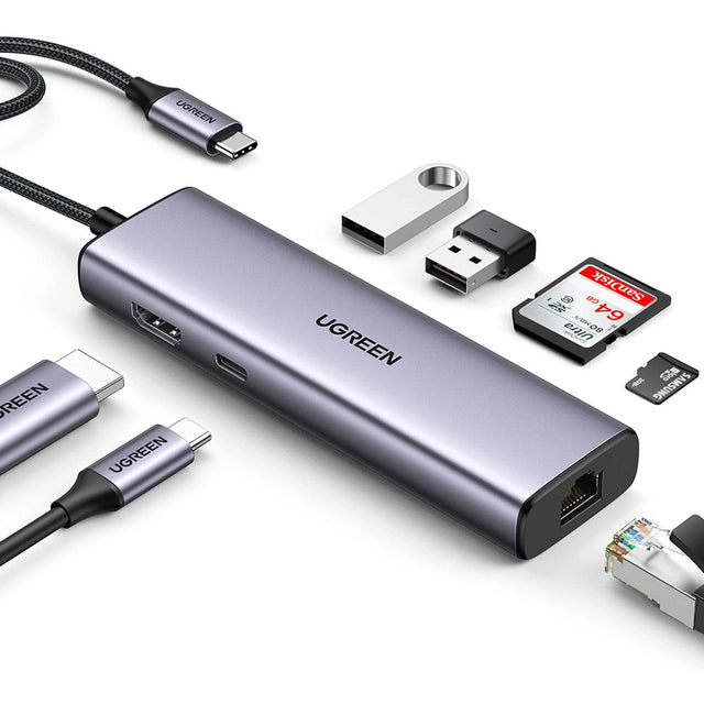 Hub/Dock Ugreen Docking Station CM512 (90568), Type-C to Type-C, 2x USB, HDMI 4K@30Hz, RJ45, SD/TF Card, 5Gbps, PD100W, Gri