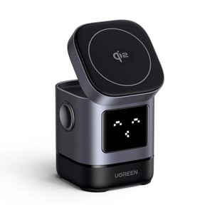 Incarcator Ugreen Wireless W709 (45775), 2in1, with Smart Display, Funny Emoji, for iPhone, AirPods, USB-C, 25W, Negru