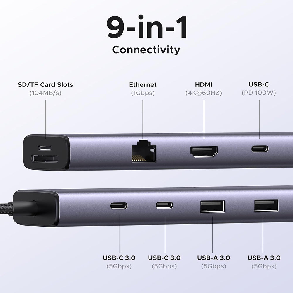 Hub Ugreen CM498 (15375), USB / Type-C / HDMI / RJ45, PD100W, Gri
