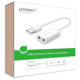 Adaptor Ugreen External Sound Adapter US205 (30143), USB to 2x Jack, Plug & Play, Windows, Mac OS, Linux, 15cm, Alb