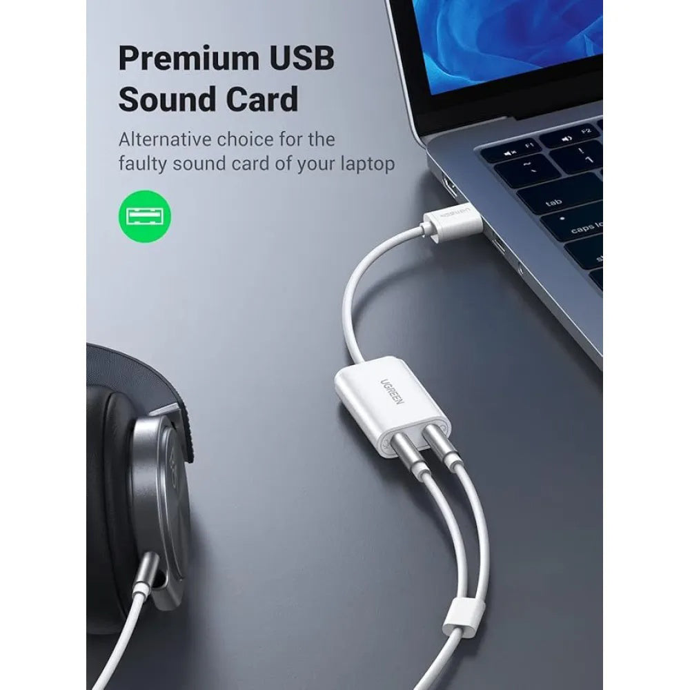 Adaptor Ugreen External Sound Adapter US205 (30143), USB to 2x Jack, Plug & Play, Windows, Mac OS, Linux, 15cm, Alb