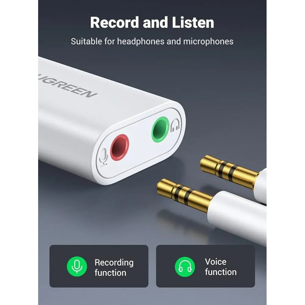 Adaptor Ugreen External Sound Adapter US205 (30143), USB to 2x Jack, Plug & Play, Windows, Mac OS, Linux, 15cm, Alb