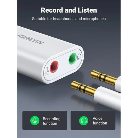 Adaptor Ugreen External Sound Adapter US205 (30143), USB to 2x Jack, Plug & Play, Windows, Mac OS, Linux, 15cm, Alb