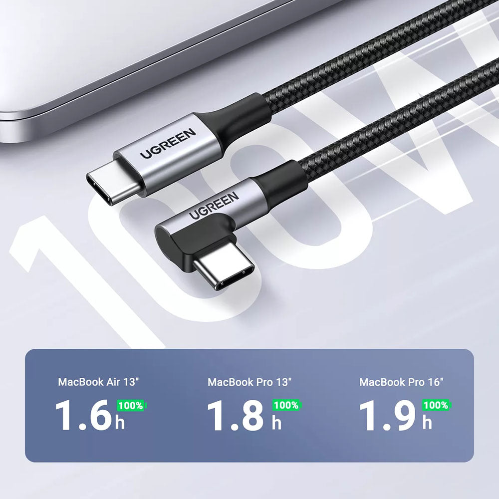 Ugreen Cablu Ugreen US334 (70645), USB-C to USB-C 90 Degree Cable, Fast Charging, 100W, 5A, 2m, Nylon, Gri Spatial – ima
