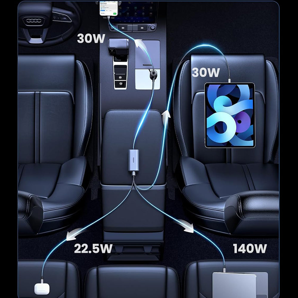 Incarcator Ugreen Car EC706 (35571), with Splitter, USB, 3x Type-C, 150W, GaN, Fast Charge, 1m, Negru