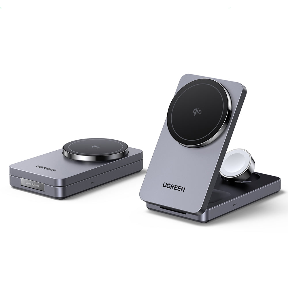 Incarcator Ugreen Wireless Charging Station W707 (45025), with Wall Charger, for Apple Watch, iPhone, Airpods, Qi2, 25W, Gri