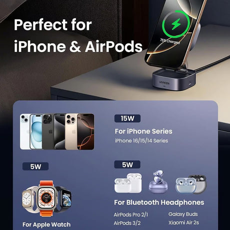 Incarcator Ugreen Wireless Charging Station W702 (35316), with Cable, MagSafe, for iPhone, AirPods, USB-C, Foldable, 15W, 1m, Negru