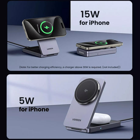Incarcator Ugreen Wireless W706 (45057), MagSafe, 2in1, for iPhone, AirPods, USB-C Cable, 20W, 3A, Qi2, MPP, 1m, Alb