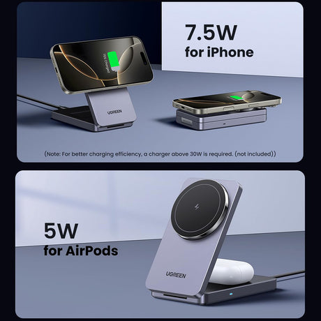 Incarcator Ugreen Wireless W528 (45056), 2in1, MagSafe, for iPhone, AirPods, Compact Foldable Design, 15W, 3A, Negru