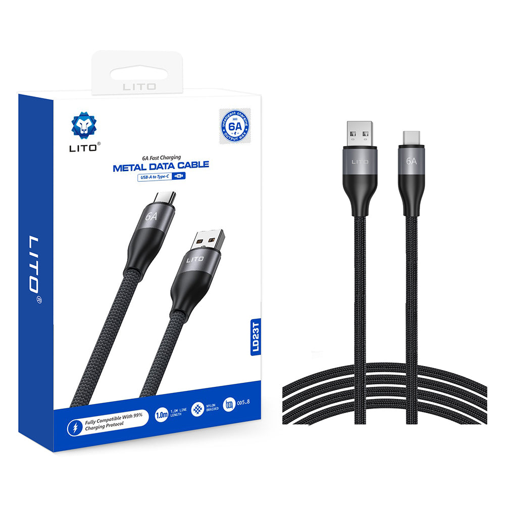 Cablu Lito (LD23T), USB to Type-C, Fast Charging, Braided Nylon, 6A, 480Mbps, 1m, Gri