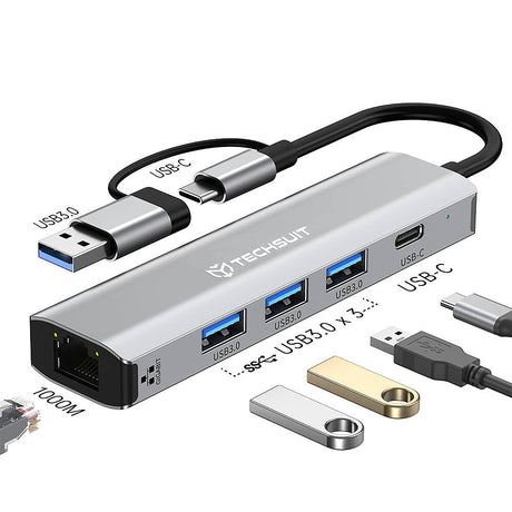 Hub/Dock Techsuit Docking Station BoostNetLink 5in2 (H3), USB, Type-C to 3x USB, 1x USB-C, Ethernet RJ45, 1000Mbps, Gri